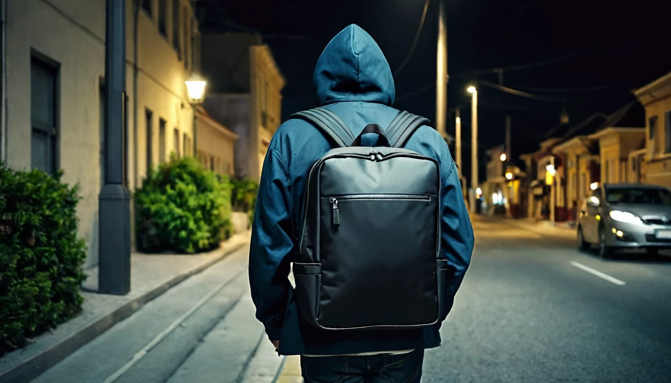 delivery man, large square backpack on his back, alone on the street, sinister, macabre night