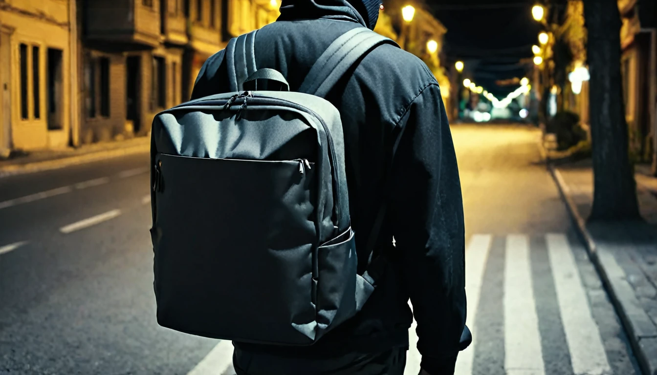 delivery man, large square backpack on his back, alone on the street, sinister, macabre night