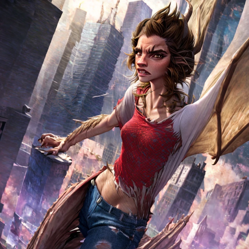 a beautiful girl with long brown hair, emma watson, sultry look, large breasts, ewt woman, transforming into a dragon, city street, t-shirt, jeans, clothes ripping, photo-realistic, intricate details, dramatic lighting, dark fantasy, cinematic, highly detailed, 8k, award winning, masterpiece, transformation, best quality