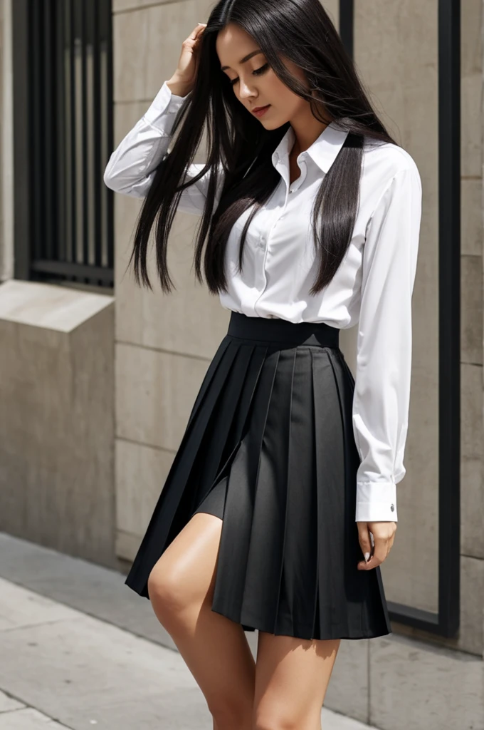 Woman wearing  with black pleated skirt and white long-sleeved buttoned shirt. With long hair, straight and black