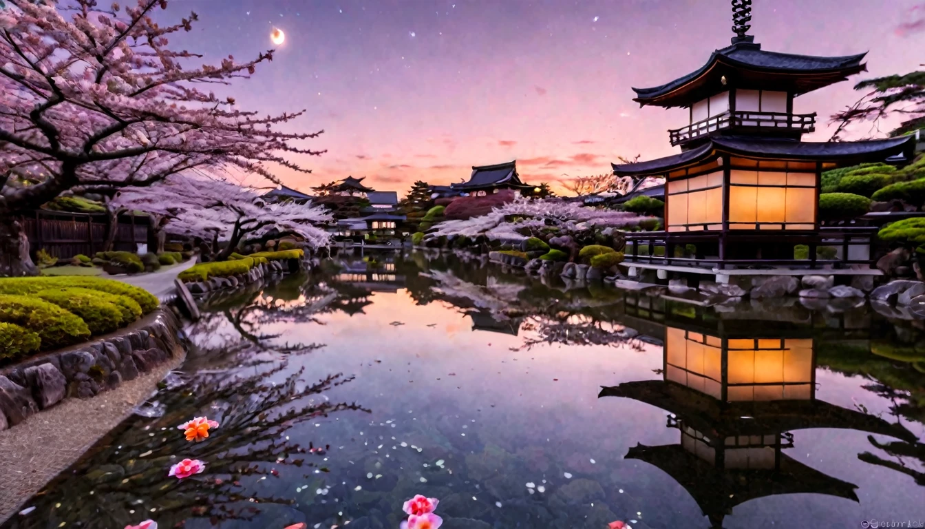 A beautiful Japanese sky at night, where the stars and moon cast a serene glow over a tranquil landscape. Traditional Japanese elements such as cherry blossoms, pagodas, and koi ponds are subtly integrated, reflecting in the water's surface. The sky is a tapestry of deep indigos and purples, with hints of pink from the setting sun. Lanterns float gently, adding a warm, inviting light. The scene is both peaceful and vibrant, capturing the essence of a magical night in Japan.