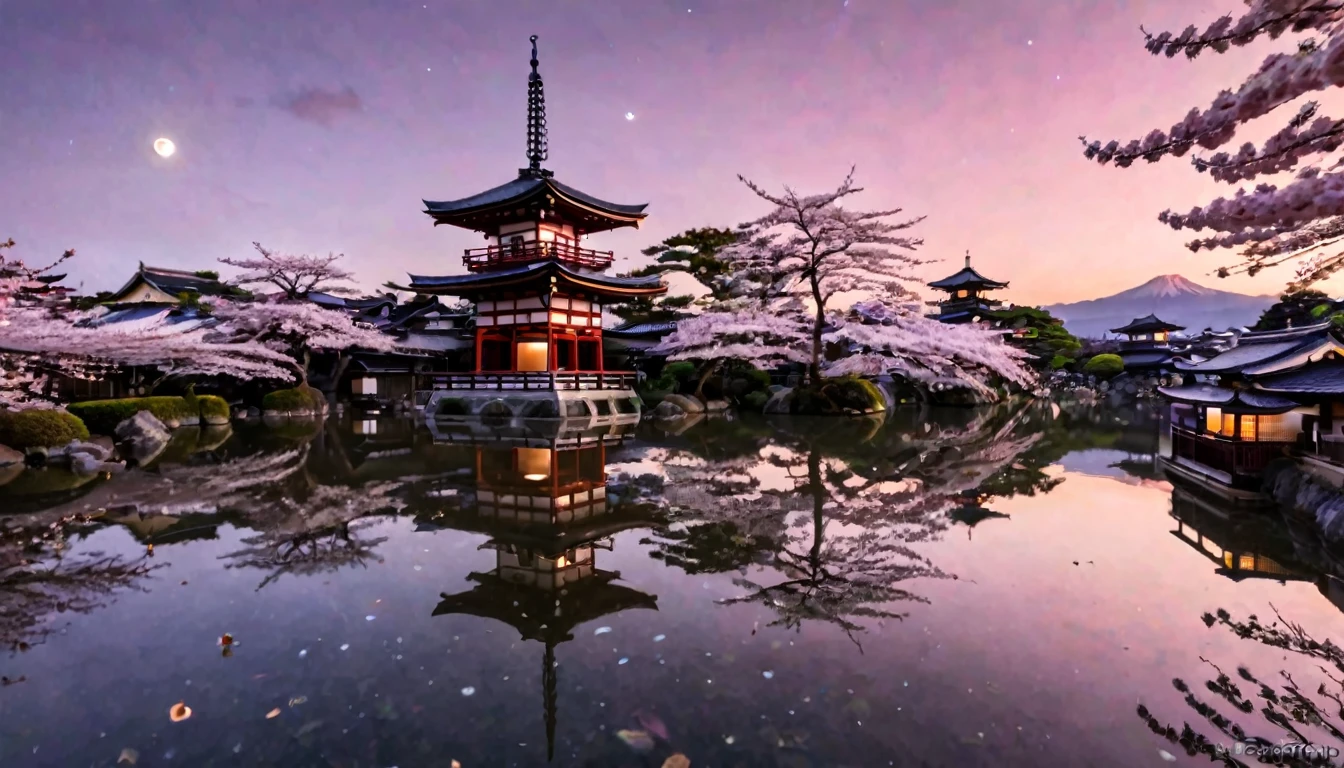 A beautiful Japanese sky at night, where the stars and moon cast a serene glow over a tranquil landscape. Traditional Japanese elements such as cherry blossoms, pagodas, and koi ponds are subtly integrated, reflecting in the water's surface. The sky is a tapestry of deep indigos and purples, with hints of pink from the setting sun. Lanterns float gently, adding a warm, inviting light. The scene is both peaceful and vibrant, capturing the essence of a magical night in Japan.