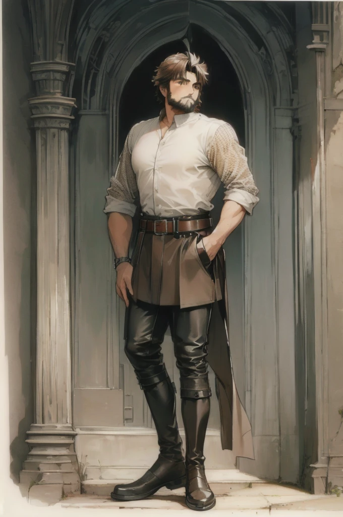 ((Work of art)), 4k, 1 man, extremely detailed, 2000s anime style, dark skin, short spiky hair, closed right eye, scar on the right part of the face, pre-growing beard, long nose, wearing a dress shirt Half open, sleeves wide open, hair on the arms, light hair on the chest, wide black leather pants, brown leather belt, wearing two black boots, full body, looking at the screen.