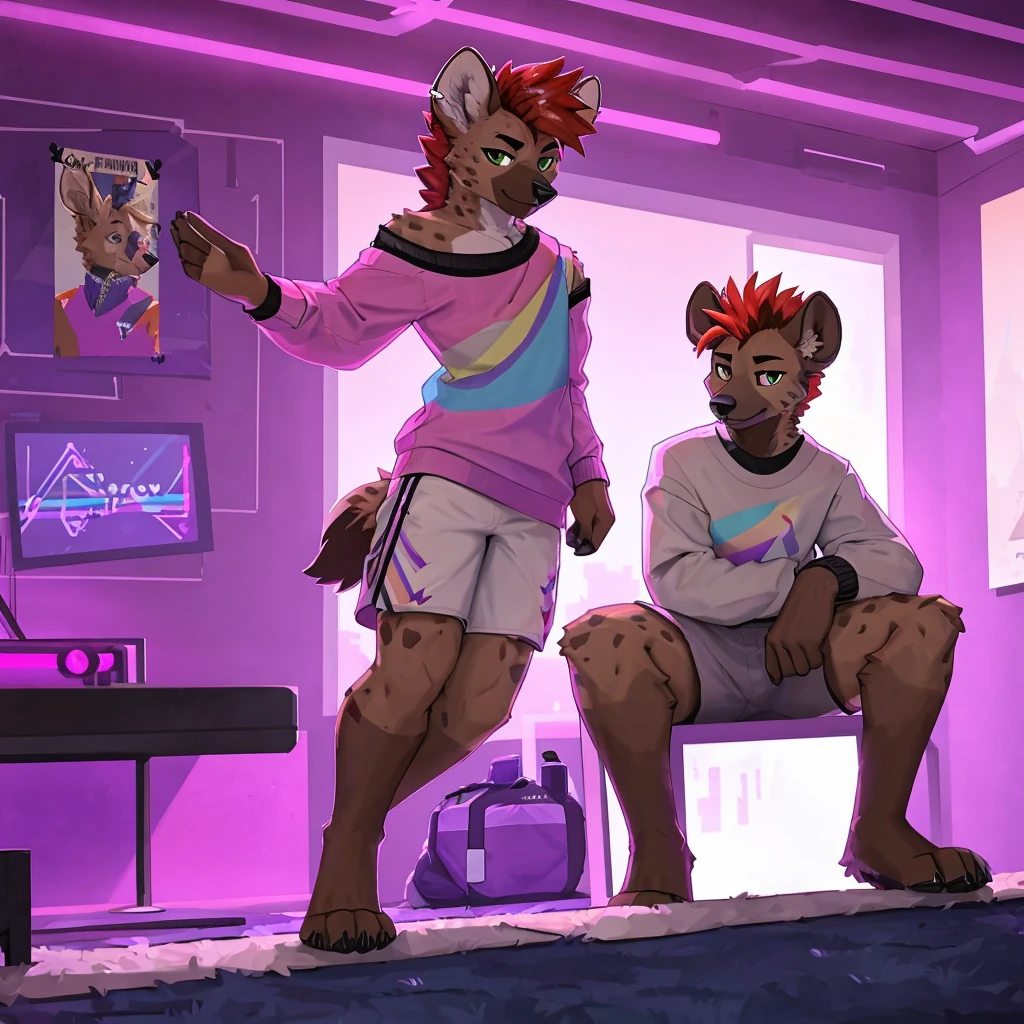 score_9, score_8_up, score_7_up, score_6_up, score_5_up, score_4_up, BREAK (sfw), One anthro, furry, half hyena half deer, deer antlers, dark hyena spots, white fawn spots, light brown fur, hyena face, hyena paws, paw feet, cute paw feet, one red eye one green eye, different color eyes, heterochromia, bright red hair, neon hair, dyed hair, mullet hairstyle, twink, femboy, femboy jock, thin body, slim body, thick thighs, big round ass, wearing tiny pijama shorts and a knitted cropped sweater shirt falling one shoulder, standing next to a open window, stretching, early morning, sun rise, half lidded eyes, bedroom eyes, gamer set up, college bedroom background, posters on the wall, transgender pride flag, rainbow flag, led lights, pink blue and white clothes color scheme, blue pink and purple background color scheme, soft lighting, cyberpunk, technology, futuristic, full body, sexy pose, character, looking at the viewer,