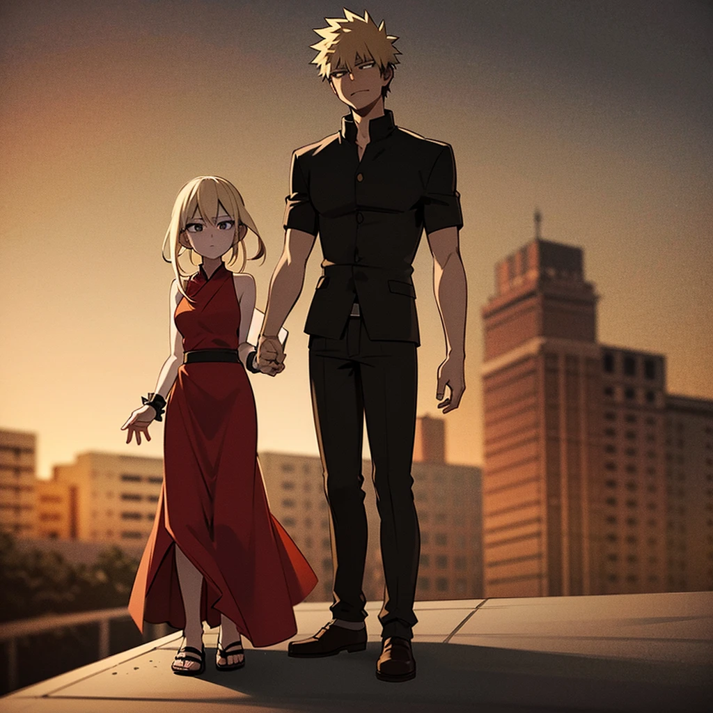 On a rooftop at dusk, Katsuki Bakugo stands tall in his black and orange hero costume. His spiky blond hair gently moves in the evening breeze as he gazes ahead with focused determination.

Approaching from behind, Jun Hime moves quietly. She wears a flowing dress that gracefully sways with her steps, her long dark hair cascading down. With a gentle boldness, she surprises Katsuki by wrapping her arms around him, resting her cheek against his back.

Katsuki initially shows surprise, his stiff posture gradually softening. His expression shifts from initial shock to a mixture of emotions.

The background features a quiet urban landscape with distant lights and a starry sky, enhancing the intimate moment between the two characters.