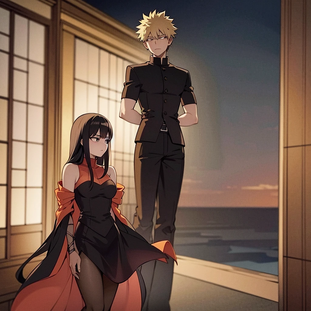 On a rooftop at dusk, Katsuki Bakugo stands tall in his black and orange hero costume. His spiky blond hair gently moves in the evening breeze as he gazes ahead with focused determination.
Approaching from behind, Jun Hime moves quietly. She wears a flowing dress that gracefully sways with her steps, her long dark hair cascading down. With a gentle boldness, she surprises Katsuki by wrapping her arms around him, resting her cheek against his back.
Katsuki initially shows surprise, his stiff posture gradually softening. His expression shifts from initial shock to a mixture of emotions.
The background features a quiet urban landscape with distant lights and a starry sky, enhancing the intimate moment between the two characters.