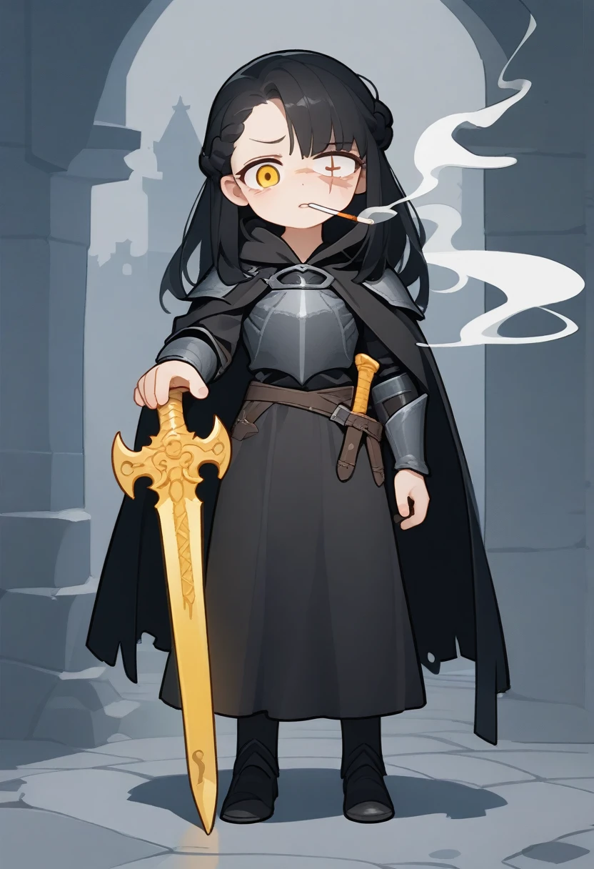 {{full body}} {{Artist: tianliang_duohe_fangdongye)}} 1woman, french braid, long hair, tall, black hair, golden eyes, looking tired, scar over left eye, black cloak, cape, black cape, looking down at viewer, smoking, dagger at hip, dagger, castle background, dark fantasy, cigarette in mouth, smoke from cigarette, detailed background, cold expression, armored, wearing armor, holding sword, golden sword, magical sword, holding sword in one hand, stern expression, fully clothed