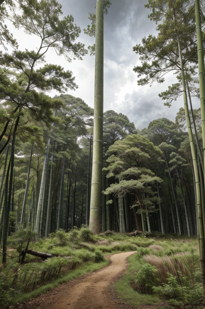 A mighty oak stands tall and proud in a dense forest, while a slender bamboo bends gracefully beside it. A fierce storm approaches, with strong winds and heavy rain. The oak resists and eventually falls, while the bamboo bends and sways but remains standing after the storm passes, symbolizing resilience and adaptability.