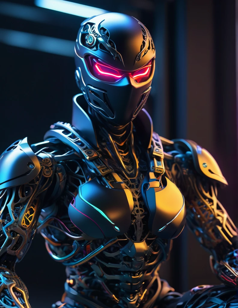 Complex 3d rendering ultra-detailed ninja , biomechanical robot, simulated 150mm shot, beautiful natural soft edge light, crystal , roots, delicate leaf lace, colorful details, piercings, intricate details, mesh threads, mandelbro fractals, body muscles, cable wires, microchips, badasses, surreal, ultra-detailed, octane rendering, volumetric lighting, 8k post-production, Camouflage, metallic skeleton details, ninja , futuristic ninja , power of ninja , Techwear, sitting 