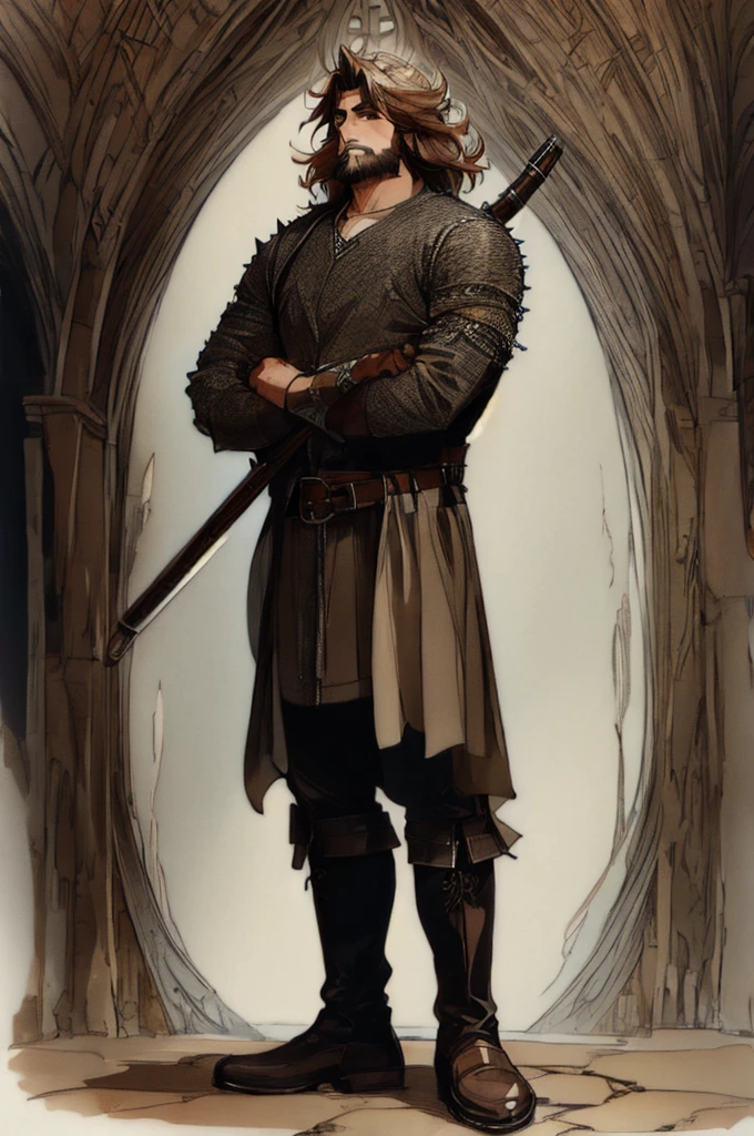 ((Work of art)), 4k, 1 man, extremely detailed, 2000s anime style, dark skin, short spiky hair, closed right eye, scar on the right part of the face, pre-growing beard, long nose, wearing a dress shirt Half open, sleeves wide open, hair on the arms, light hair on the chest, wide black leather pants, brown leather belt, wearing two black boots, full body, looking at the screen.