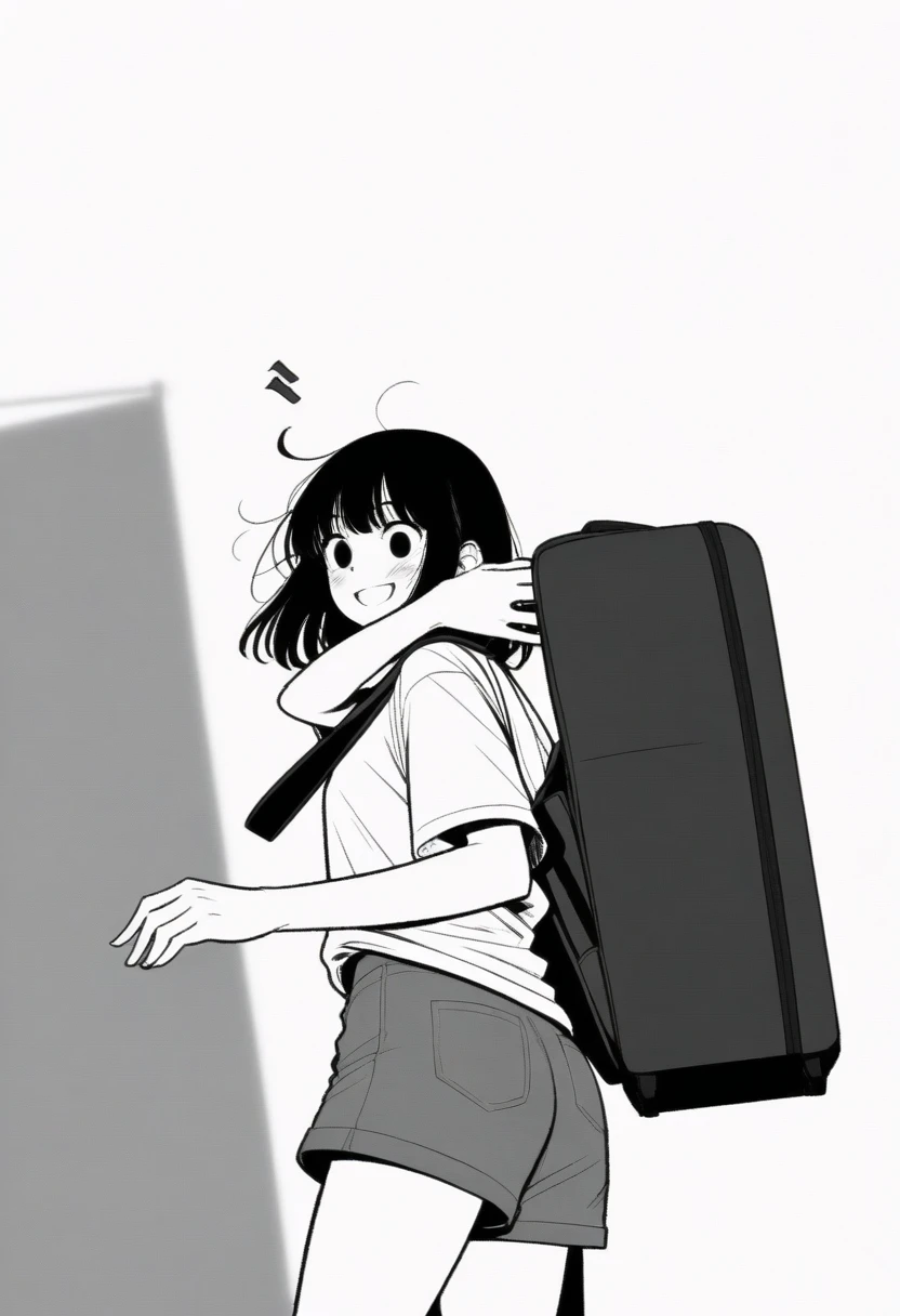 masterpiece, best quality, 1girl, mamerakkkkko, grayscale, style: manga, japanese, chi no wadachi, black eyes, street, iced, black hair, schoolbag, smile, lineart, white background, white shirt, grey shorts,