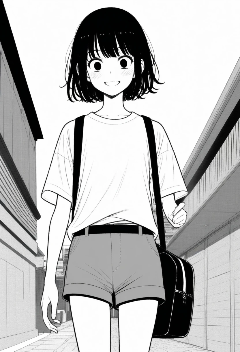 masterpiece, best quality, 1girl, mamerakkkkko, grayscale, style: manga, japanese, chi no wadachi, black eyes, street, iced, black hair, schoolbag, smile, lineart, white background, white shirt, grey shorts,