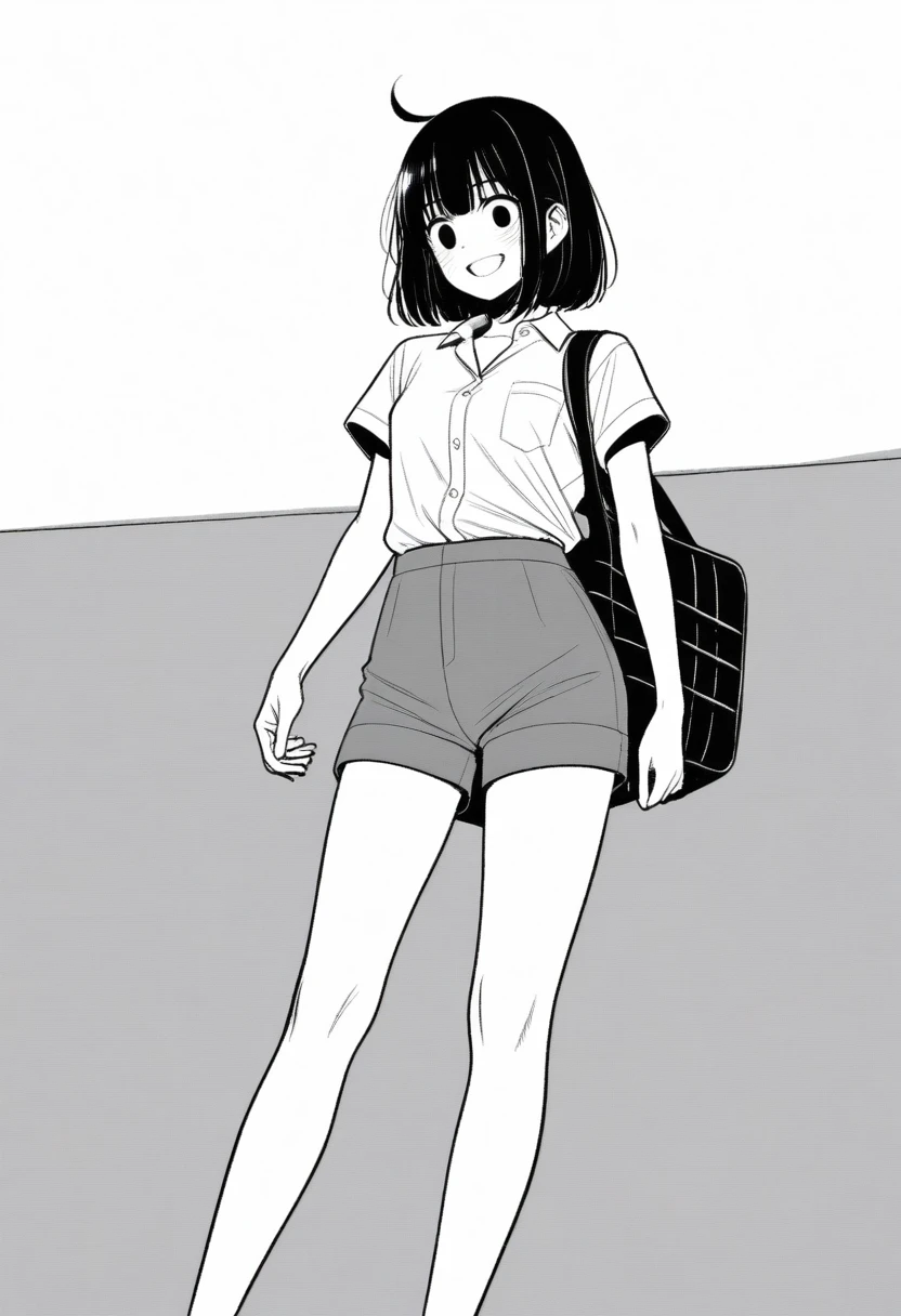 masterpiece, best quality, 1girl, mamerakkkkko, grayscale, style: manga, japanese, chi no wadachi, black eyes, street, iced, black hair, schoolbag, smile, lineart, white background, white shirt, grey shorts,