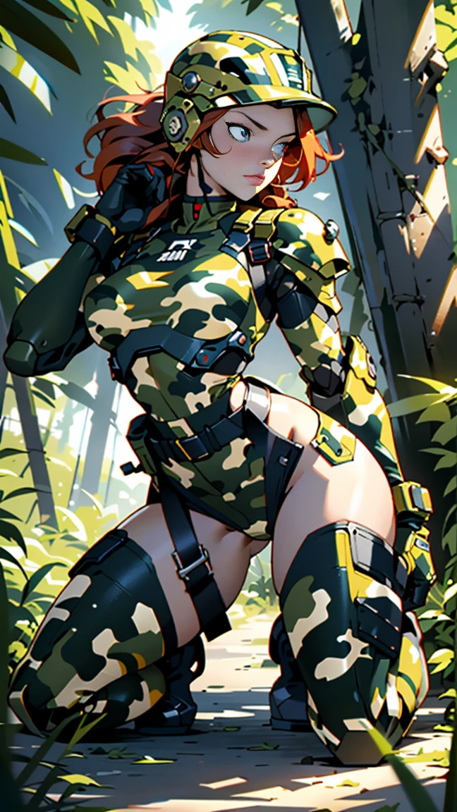 1woman 20 years old, max resolution, sculpted, military, wearing a soldier helmet, beautiful, perfect body, red hair, blue eyes, perfect body, thin waist, wide hips, large breasts, slim thighs, jungle background, armored vehicle, military robot dog, camouflaged uniform, tight panties, two-piece, highly detailed, high resolution, perfect hands, side view, camo, face fully turned to the side to look at the viewer, turn her head to look at the viewer, taking a knee, one knee on ground, one knee up, holding a combat knife, ((showing sexy legs))