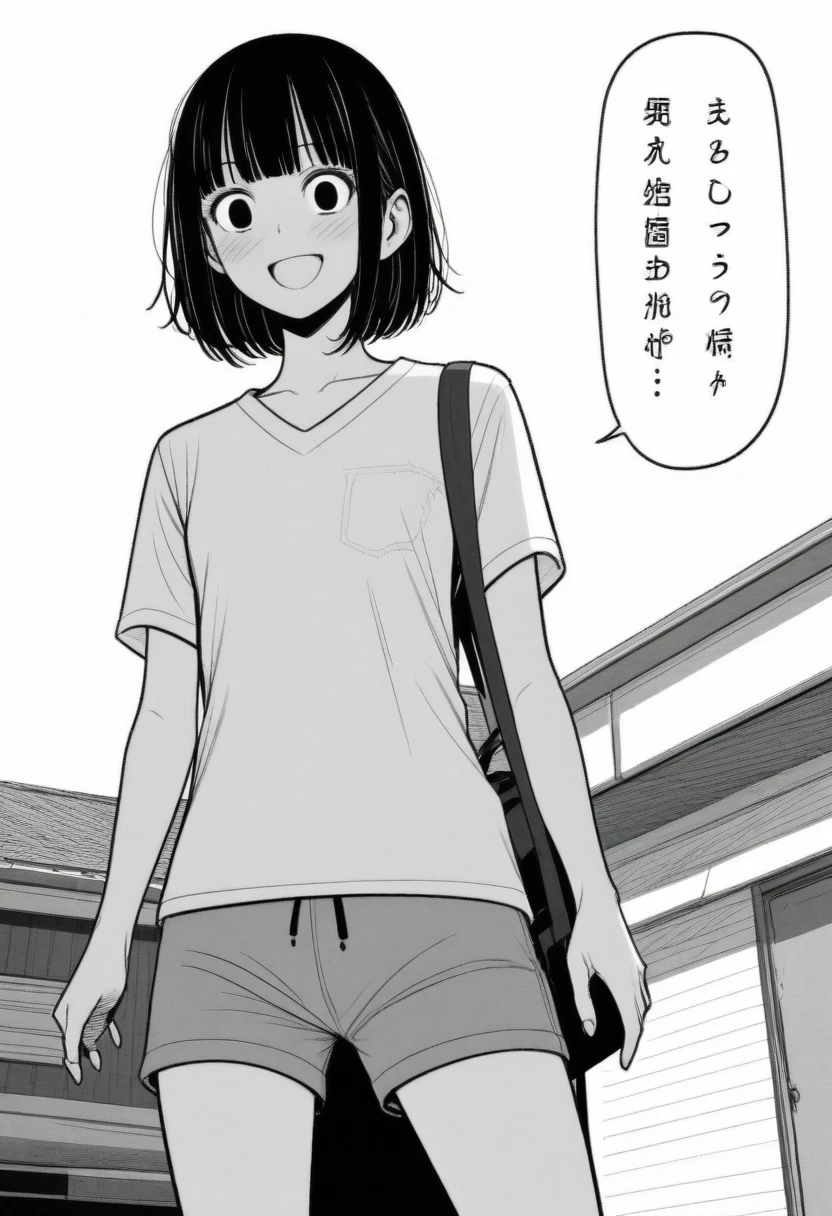 masterpiece, best quality, 1girl, mamerakkkkko, grayscale, style: manga, japanese, chi no wadachi, black eyes, street, iced, black hair, schoolbag, smile, lineart, white background, white shirt, grey shorts,
