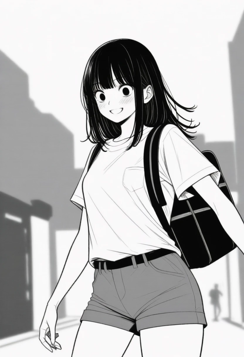 masterpiece, best quality, 1girl, mamerakkkkko, grayscale, style: manga, japanese, chi no wadachi, black eyes, street, iced, black hair, schoolbag, smile, lineart, white background, white shirt, grey shorts,