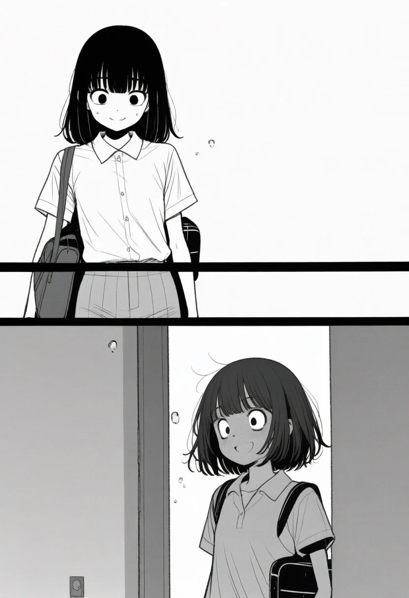 masterpiece, best quality, 1girl, mamerakkkkko, grayscale, style: manga, japanese, chi no wadachi, black eyes, street, iced, black hair, schoolbag, smile, lineart, white background, white shirt, grey shorts,
