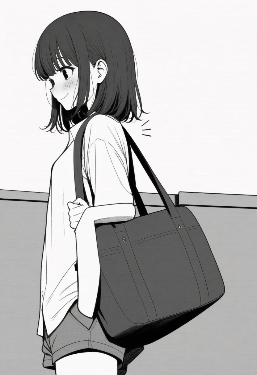 masterpiece, best quality, 1girl, mamerakkkkko, grayscale, style: manga, japanese, chi no wadachi, black eyes, street, iced, black hair, schoolbag, smile, lineart, white background, white shirt, grey shorts,