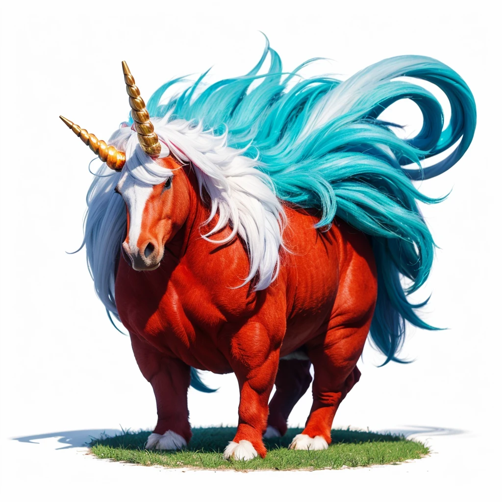 Big Animaly, unicorn mixed with chicken, reds colour skin, Grassroots background, (white background simpleks)