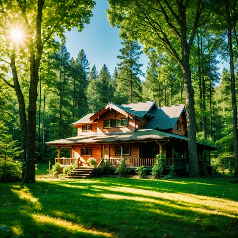 house in the summer forest, high quality 8k realistic photo 
