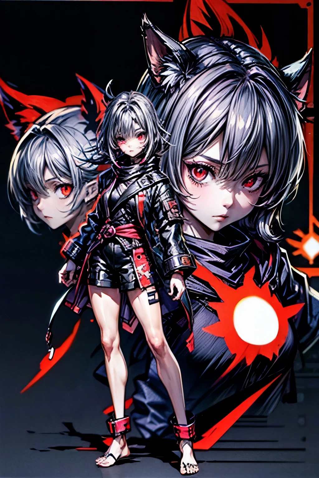 (Masterpiece, best quality), detailed, 1girl, ((character concept art)), ((character design sheet, same character, front, side, back)), female VTuber character, 20 years old, wearing a hybrid costume inspired by Akatsuki from Naruto and Iono from Pokemon, light colors themed costume design, symmetrical elements in costume, barefoot with cloth wraps around feet, shorts, red eyes with an eyepatch and unique pupil design, dark circles under eyes from lack of sleep, long white messy bedhead hair, extremely short stature, loli appearance, detailed face, different expressions, character sheet style, clear outlines, vibrant colors, digital art, costume simulation detection like in CLO, Marvelous Designer, 8k resolution, ultra high definition image output --ar 9:16 --v 6.0