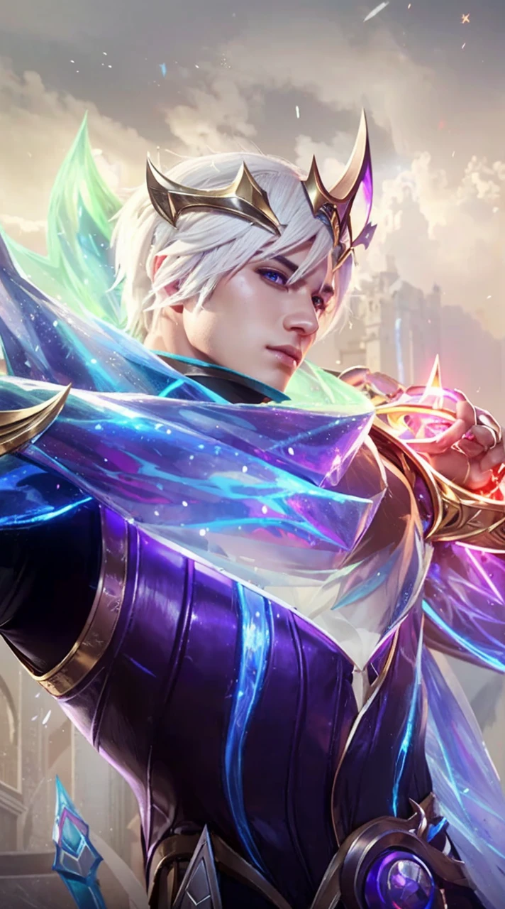 mlbb character named gumon, handsome,white hair, sharp nose,wearing a crown, realistic images, ultra HD.