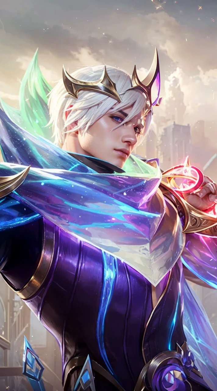 mlbb character named gumon, handsome,white hair, sharp nose,wearing a crown, realistic images, ultra HD.