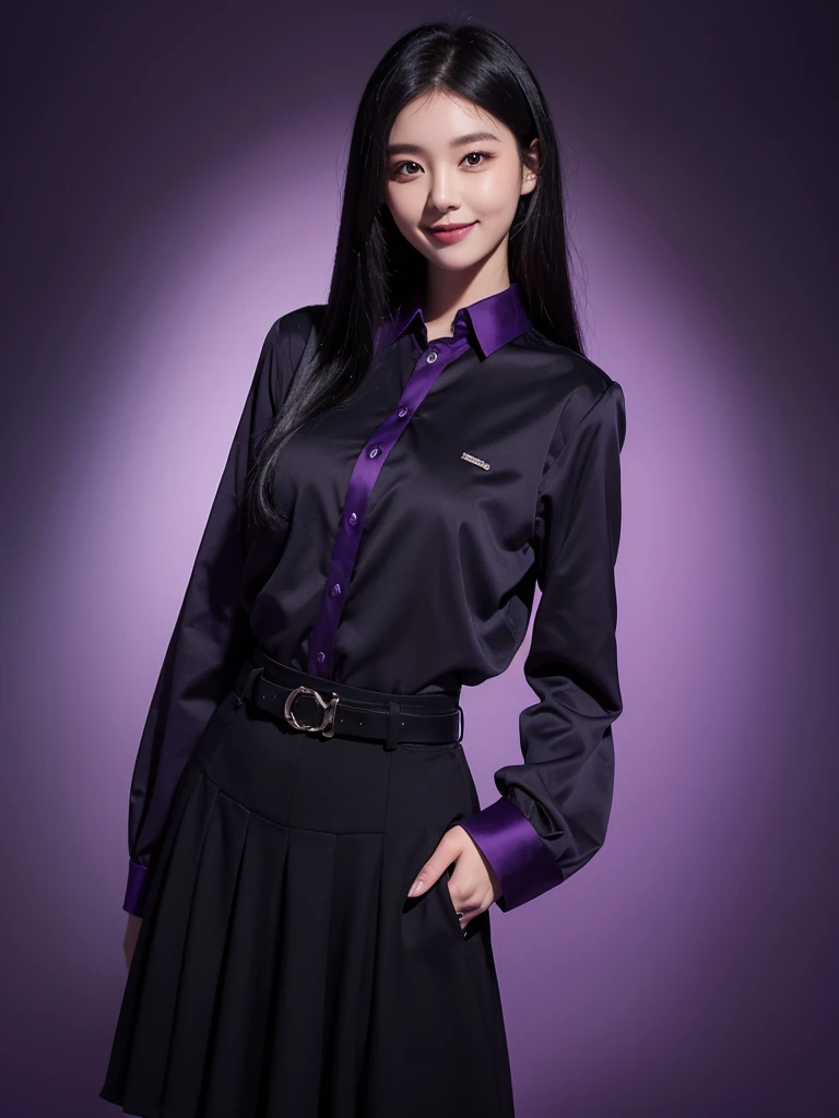 1 girl, black long hair,dark purple shirt with collars, long sleeve, black skirt, tie, belt, standing, smile,neckless, purple background
