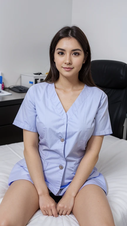 A beautiful girl is talking on the phone while sitting on the bed, wearing a blue dress