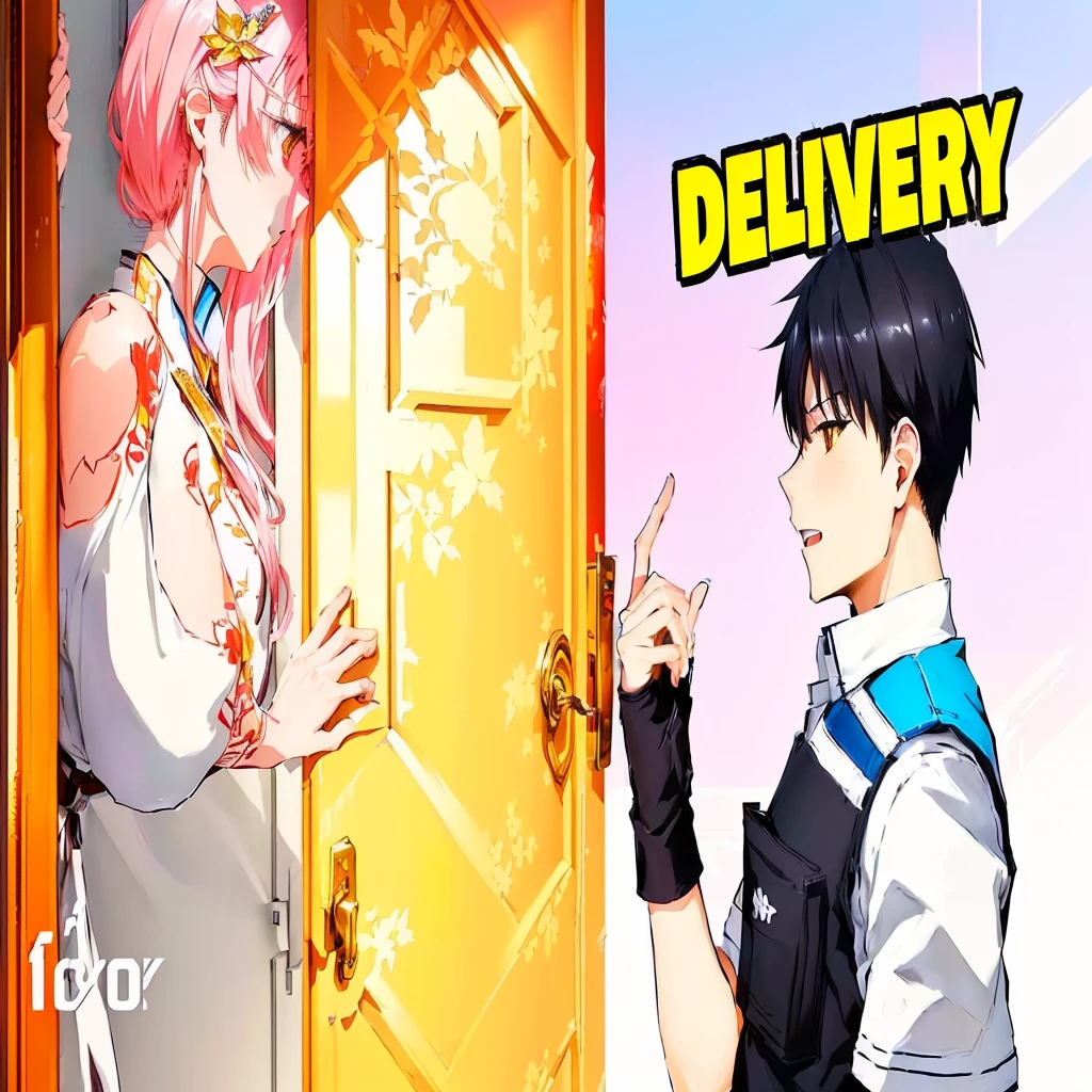 anime characters are standing in front of a door and a delivery sign, detailed!, detailed!!, !!highly detailed!!, highly detailed!!, highly_detailed!!, very detailed!!, detailed!!!!!!!, highly detailed!, highly detailed!!!, trend on devianart, extra detailed, delivering mail, very detailed!, highly detailed!!!!!!!, anime style like destiny/Overnight stay