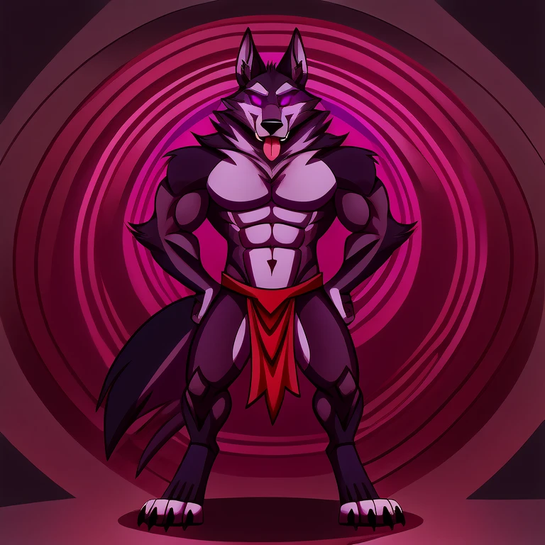 (masterpiece, best quality:1.2), Vortex group of hellhounds, wolves, furry, helluva boss, hypnotized with glowing purple eyes, tongue out, wearing loincloth, formed in rows,  full body image