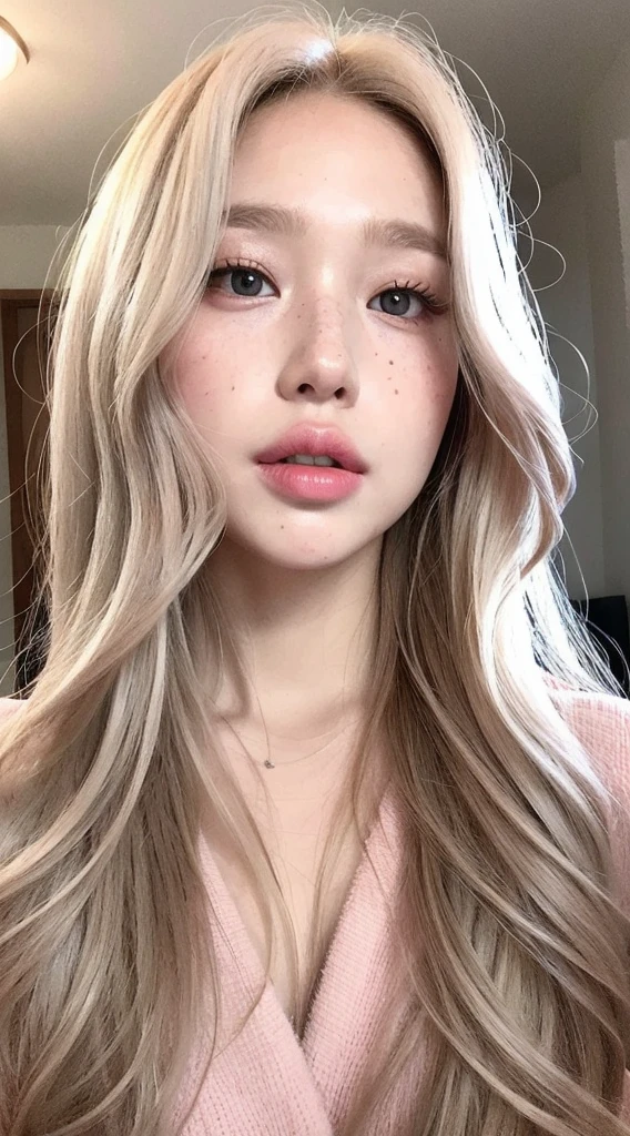 girl with long blonde hair and gray eyes with freckles big lips pink cheeks very beautiful realistic version