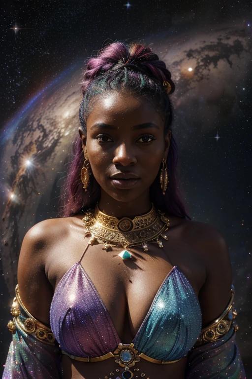 A 8k image of a exptic, celestial being of african decent  with aftican features. She is bery  and her ethereal form shimmering with hues of stardust and galaxies, traverses the vast expanse of the cosmos on a glittering cosmic chariot. The image, a vibrant and surreal painting, captures the intricate details of her flowing, iridescent robes and luminous, rainbow-hued hair as she navigates through the universe. Her body looks perfect