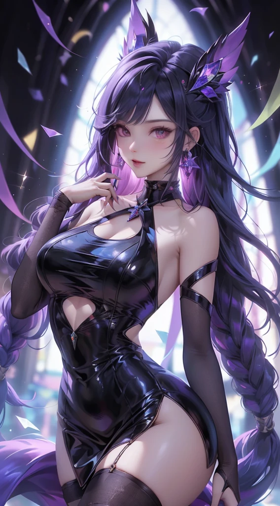 1girl, dress, long_hair, solo, high_heels, purple_hair, breasts, naked_boobes, purple_eyes, looking_at_viewer, raiden_shogun, black_dress, jewelry, holding, hair_ornament, earrings, black_footwear, sparkle, bangs, very_long_hair, smile, hand_on_own_face, glint, bare_shoulders, halterneck, halter_dress, full_body, star_(symbol), hand_on_own_cheek, large_breasts, bare_arms, closed_mouth, artist_name, blush, sleeveless