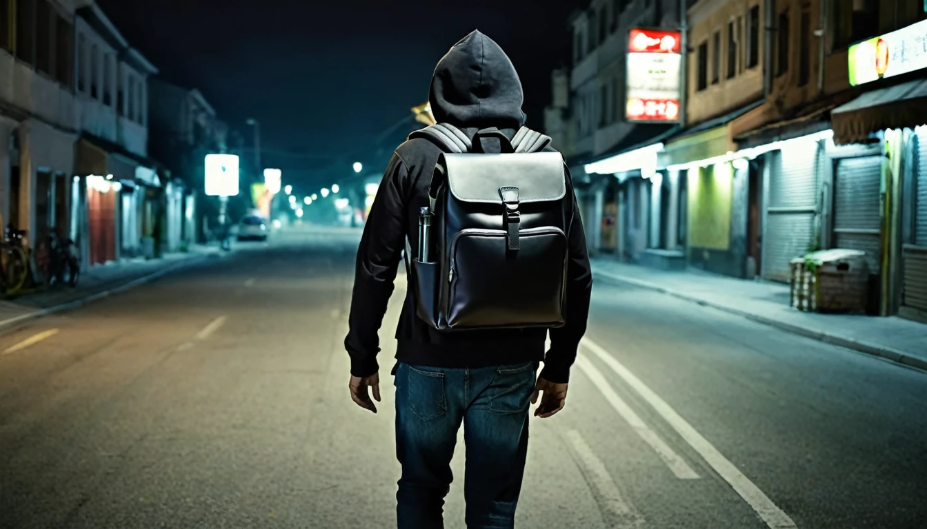 delivery man, large square backpack on his back, alone on the street, sinister, macabre night