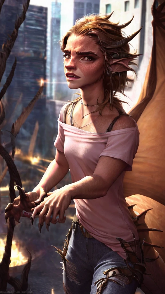 a beautiful girl with long brown hair, emma watson, sultry look, large breasts, ewt woman, transforming into a dragon, city street, t-shirt, jeans, clothes ripping, photo-realistic, intricate details, dramatic lighting, dark fantasy, cinematic, highly detailed, 8k, award winning, masterpiece, transformation, best quality