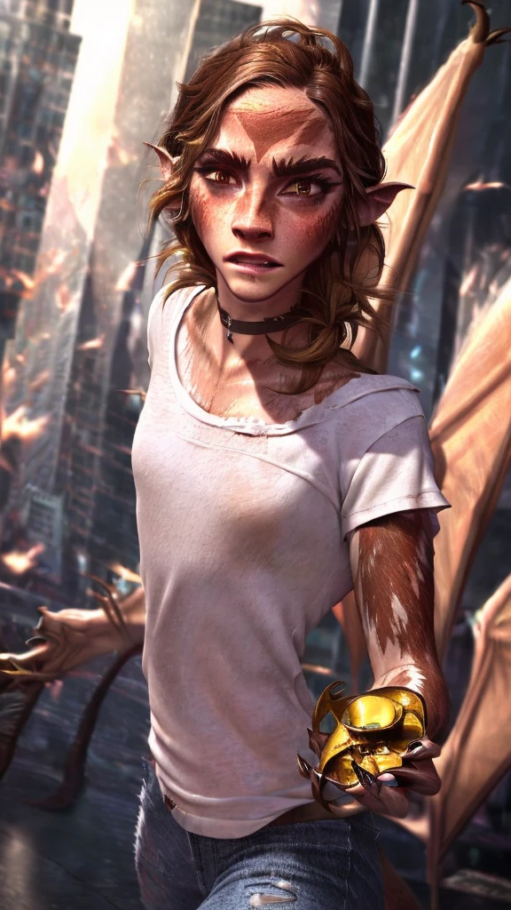 a beautiful girl with long brown hair, emma watson, sultry look, large breasts, ewt woman, transforming into a dragon, city street, t-shirt, jeans, clothes ripping, photo-realistic, intricate details, dramatic lighting, dark fantasy, cinematic, highly detailed, 8k, award winning, masterpiece, transformation, best quality