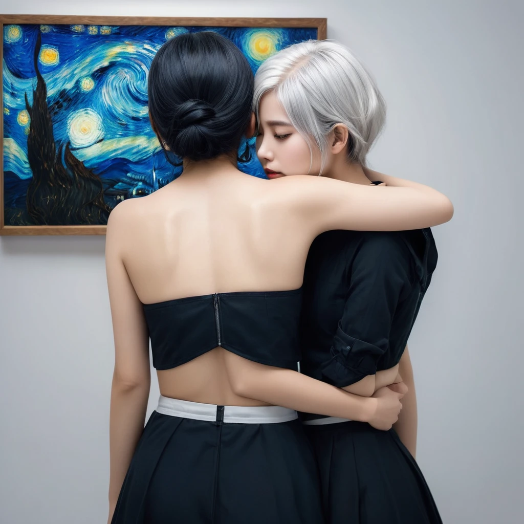 two girls hugging one girl with white hair dark makeup staring at the viewer painting on the other girl's back with a brush the picture of starry night by van gough and the other girl with a naked back facing the wall with her jet black hair down high definition facial features and body features eyes nose lips photo realistic