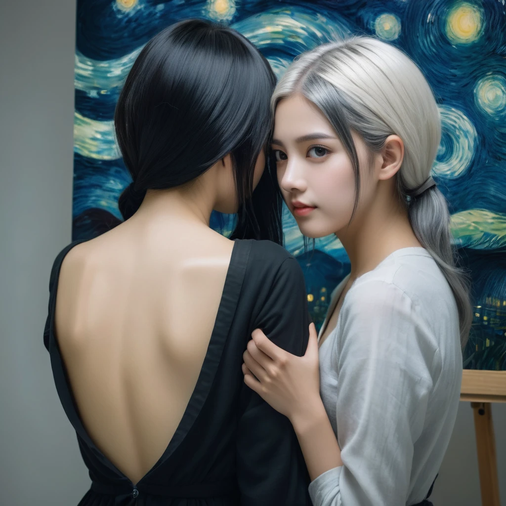 two girls hugging one girl with white hair dark makeup staring at the viewer painting on the other girl's back with a brush the picture of starry night by van gough and the other girl with a naked back facing the wall with her jet black hair down high definition facial features and body features eyes nose lips photo realistic
