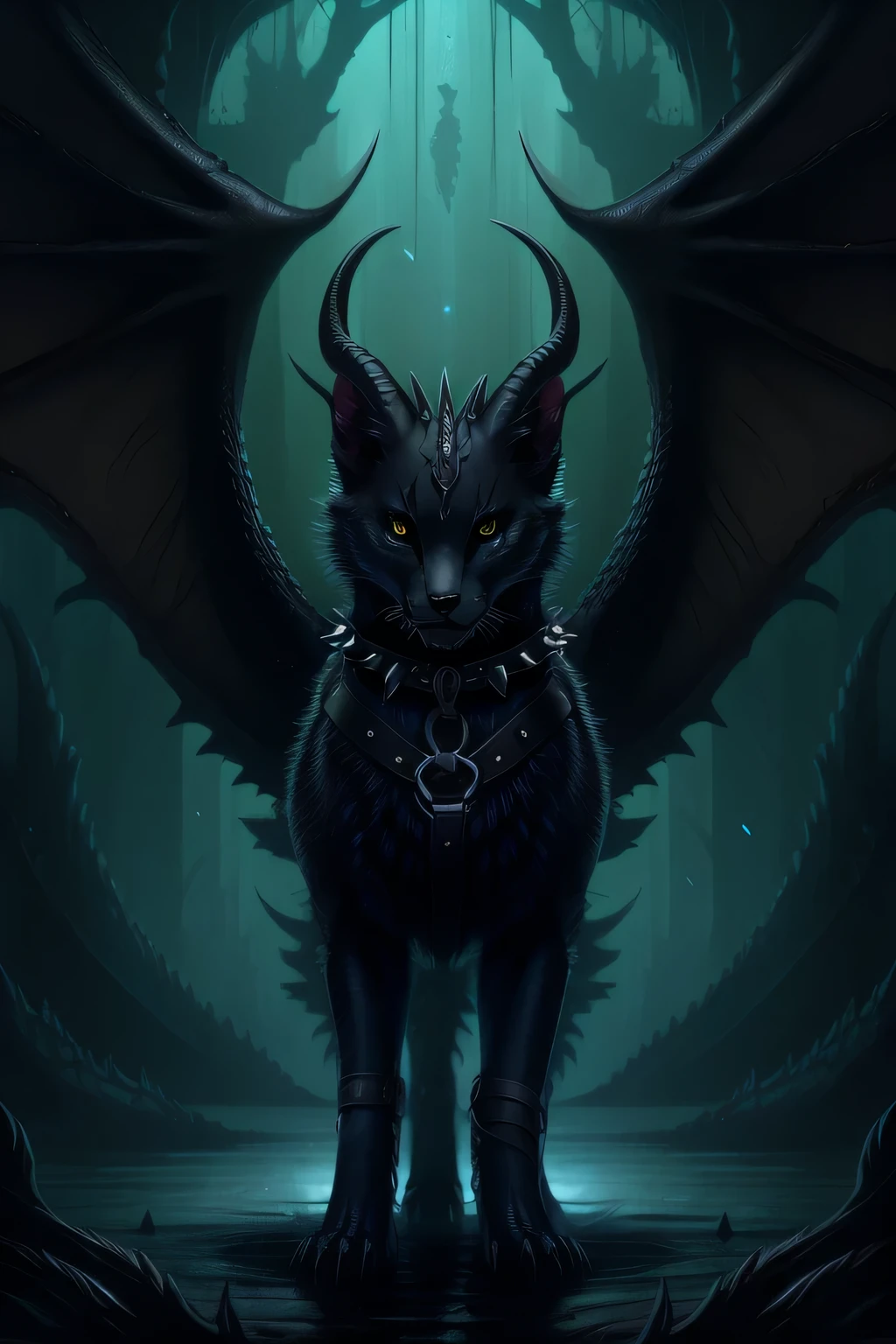 abyss monster, horror, female, feral, black smooth fur, webbed wings, claws, horns, black eyes, feline body, fangs, vagina, feline pussy, leather harness, full body, spiked collar, Detailed body fur,a three-quarter view, masterpiece