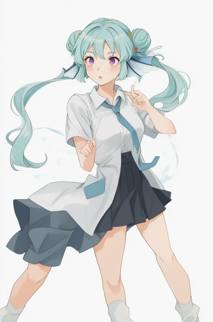 (masterpiece, top quality: 1.2), 1girl,20 years old,solo,long hair,white hair,finana,twintails,double bun,((white shirt,short sleeves,standart tie,skirt)),(white background),Mid-ground character