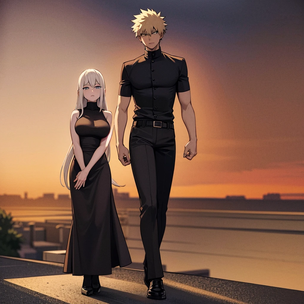 On a rooftop at dusk, Katsuki Bakugo stands tall in his black and orange hero costume. His spiky blond hair gently moves in the evening breeze as he gazes ahead with focused determination.

Approaching from behind, Jun Hime moves quietly. She wears a flowing dress that gracefully sways with her steps, her long dark hair cascading down. With a gentle boldness, she surprises Katsuki by wrapping her arms around him, resting her cheek against his back.

Katsuki initially shows surprise, his stiff posture gradually softening. His expression shifts from initial shock to a mixture of emotions.

The background features a quiet urban landscape with distant lights and a starry sky, enhancing the intimate moment between the two characters. Jun have long white hair and blue eyes.