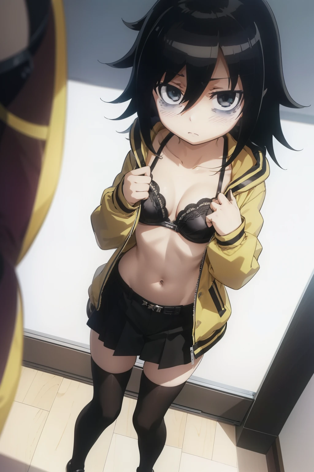 Tomoko  ,1girl , anime , masterpiece  , Black hair, black jaqueta aberta open clothes , solo ,  jacket, open clothes, bra , flat chest , pantie  ,garterbelt ,long socks ,orgasm face  , looking at viewer , standing  .