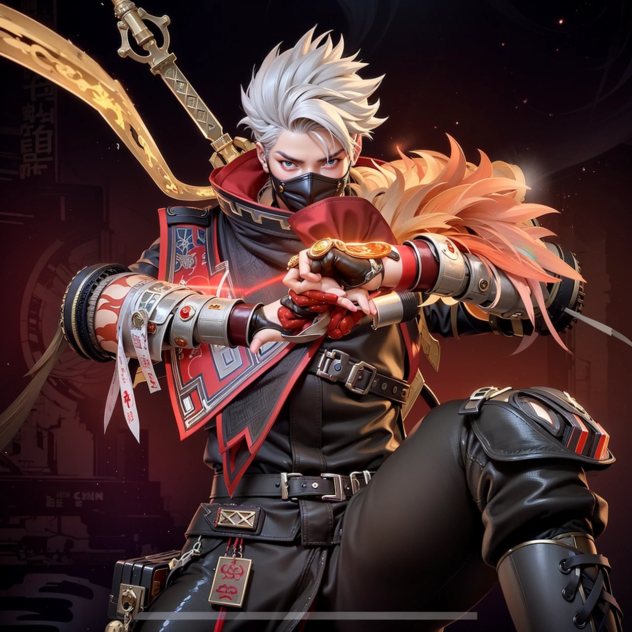 a close up of a person holding a fire stick, heise jinyao, splash art, inspired by Huang Shen, amazing portrait of viego, painted in the style arcane, official splash art, iconic character splash art, extremely detailed artgerm, astri lohne, holy fire spell art, inspired by Yang Jin, sylas, artgerm detailed, glow red eyes.