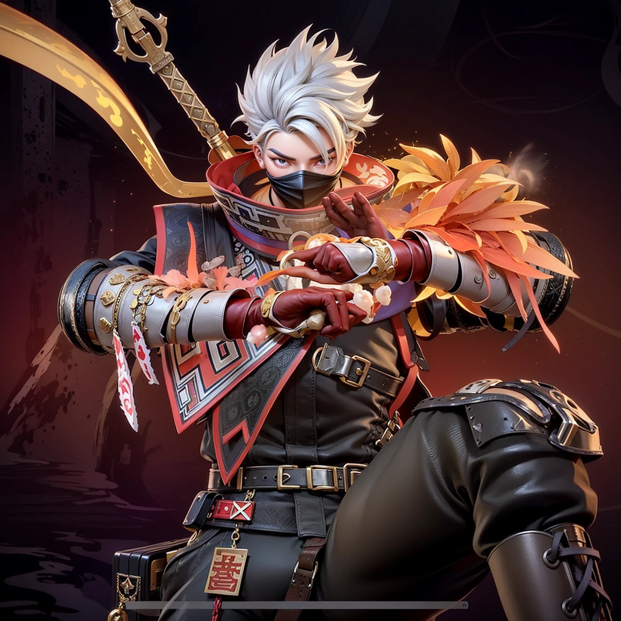 a close up of a person holding a fire stick, heise jinyao, splash art, inspired by Huang Shen, amazing portrait of viego, painted in the style arcane, official splash art, iconic character splash art, extremely detailed artgerm, astri lohne, holy fire spell art, inspired by Yang Jin, sylas, artgerm detailed, glow red eyes.