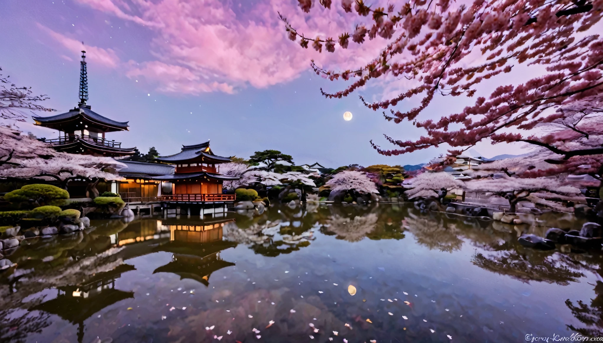 A beautiful Japanese sky at night, where the stars and moon cast a serene glow over a tranquil landscape. Traditional Japanese elements such as cherry blossoms, pagodas, and koi ponds are subtly integrated, reflecting in the water's surface. The sky is a tapestry of deep indigos and purples, with hints of pink from the setting sun. Lanterns float gently, adding a warm, inviting light. The scene is both peaceful and vibrant, capturing the essence of a magical night in Japan.