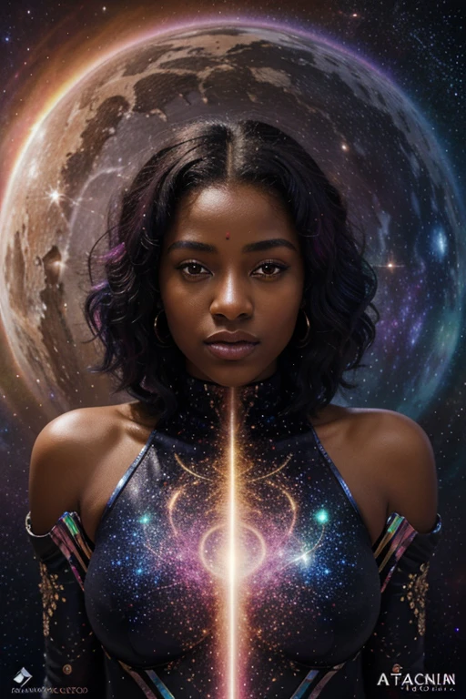 A 8k image of a exptic, celestial being of african decent with aftican features. She is bery and her ethereal form shimmering with hues of stardust and galaxies, traverses the vast expanse of the cosmos on a glittering cosmic chariot. The image, a vibrant and surreal painting, captures the intricate details of her flowing, iridescent robes and luminous, rainbow-hued hair as she navigates through the universe. Her body looks perfect