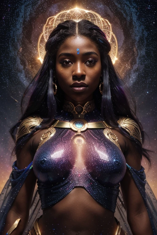 A 8k image of a exptic, celestial being of african decent  with aftican features. She is bery  and her ethereal form shimmering with hues of stardust and galaxies, traverses the vast expanse of the cosmos on a glittering cosmic chariot. The image, a vibrant and surreal painting, captures the intricate details of her flowing, iridescent robes and luminous, rainbow-hued hair as she navigates through the universe. Her body looks perfect