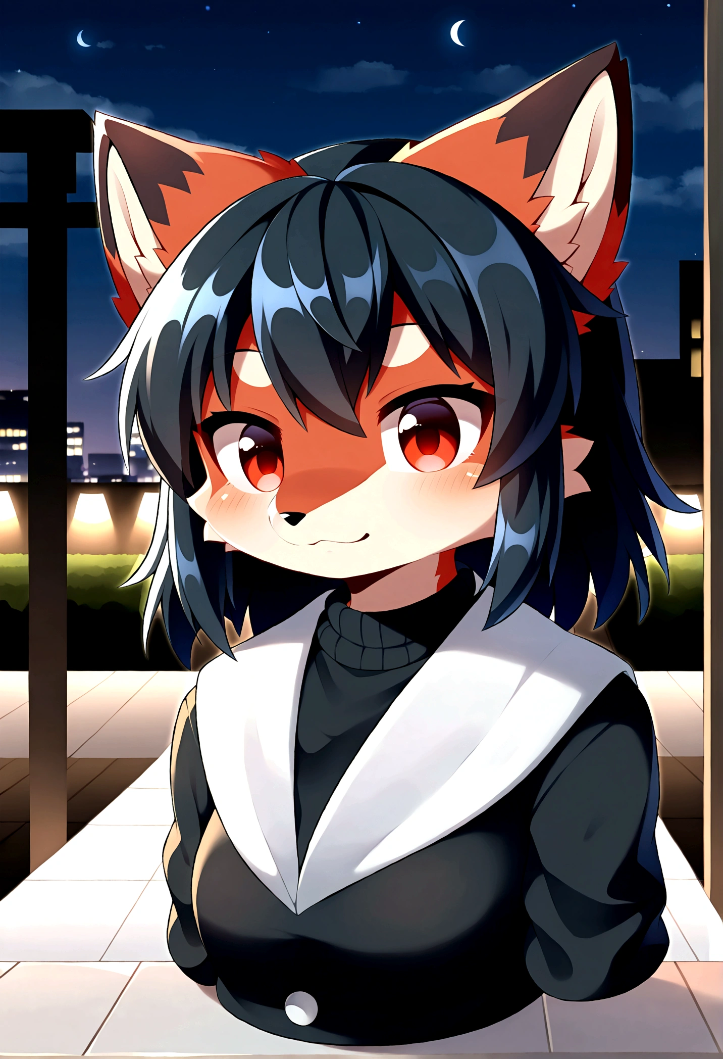 best quality, kemono, anime, female, furry, anthro, full body, solo, fox, two tone body, (masterpiece), beautiful, highly detailed, 8k uhd, intricate details, best quality, HD, 1girl, furry, fluffy, anthro, black face fur with red spots, (cute, adorable face:1.3), {black fur|red fur}, two tone fur, dual tone fur, black sweater, night, blurry night city background, fov, upper body