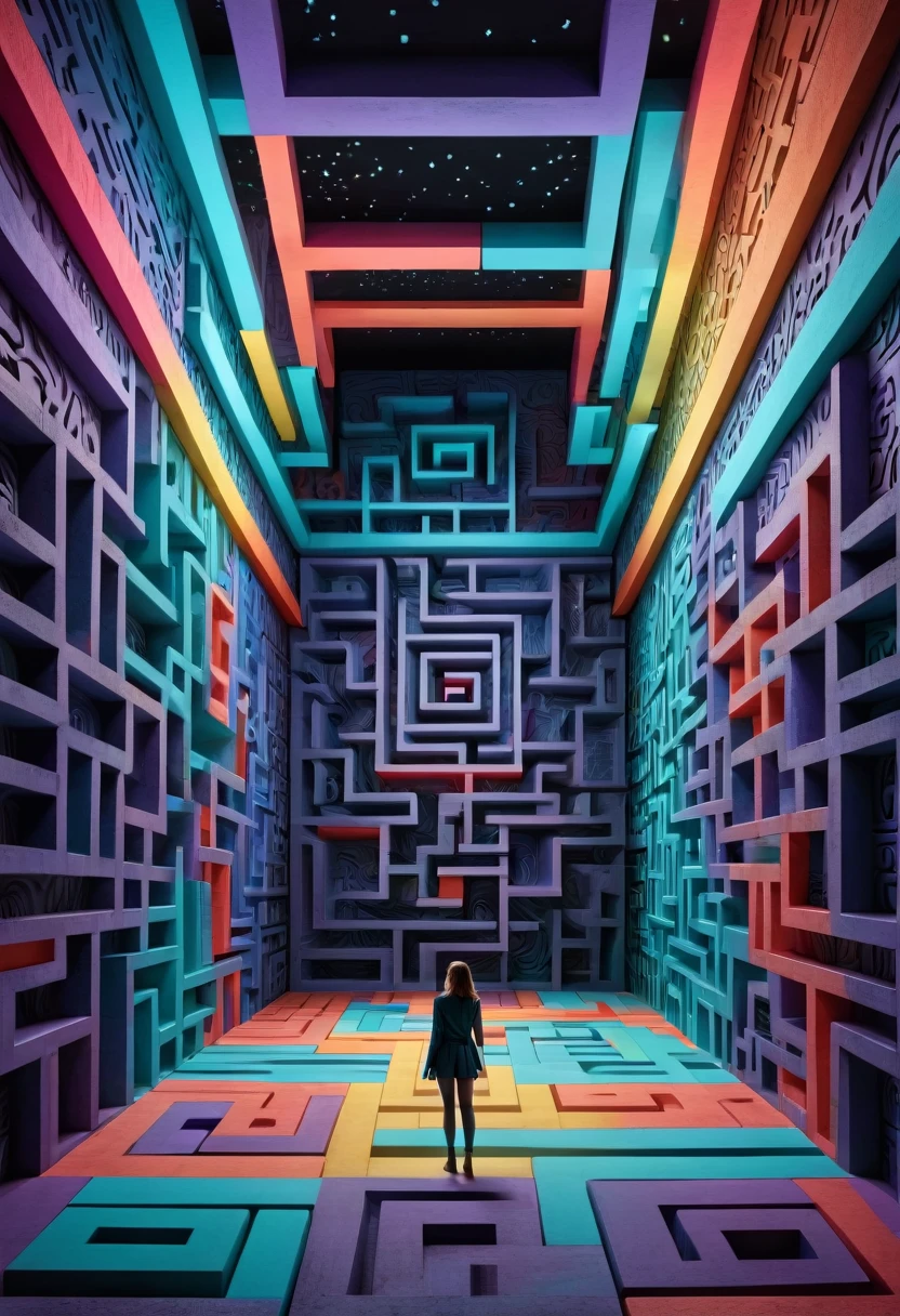 An enormous room full of labyrinthic blocs of differente shapes, going throught one and another, in 3d, on the wall, infinites horizon, multi colored, poles, one mall figure on the ground dim light, no windows